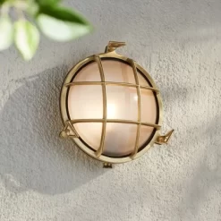 Possini Euro Design Anjali 10" High Industrial Outdoor Wall Light Fixture Mount Porch House Bulkhead Weatherproof Gold Brass Finish Glass Shade