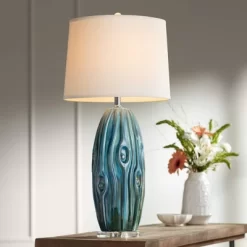 Possini Euro Design Eneya Modern Coastal Table Lamp 31" Tall Ceramic Blue Green Swirl Glaze Neutral Oval Shade For Bedroom Living Room Nightstand Home