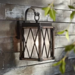 Possini Euro Design Brawley Rustic Industrial Outdoor Wall Light Fixture Bronze Wood Grain 13 1/2" Clear Seedy Glass For Post Exterior Barn Deck House