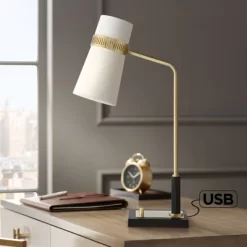 Possini Euro Design Cartwright Modern Mid Century Desk Lamp 32" Tall Antique Brass Black With USB Charging Port Linen Shade For Bedroom Living Room