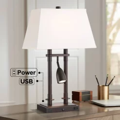 Possini Euro Design Bishop 26 1/2" Tall Modern Desk Lamp USB Port AC Power Outlet Brown Bronze Finish Metal Single Home Office Living Room Charging