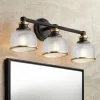 Possini Euro Design Poway Industrial Modern Wall Light Bronze Warm Brass Hardwire 24" 3-Light Fixture Textured Glass Bowl Shade For Bedroom Bathroom