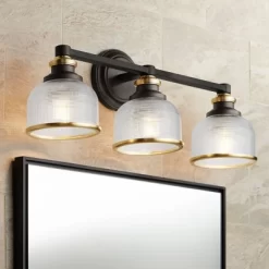 Possini Euro Design Poway Industrial Modern Wall Light Bronze Warm Brass Hardwire 24" 3-Light Fixture Textured Glass Bowl Shade For Bedroom Bathroom