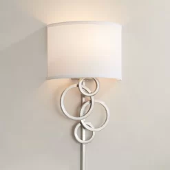 Possini Euro Design Circles Modern Wall Light Sconce Brushed Nickel Plug-in 12" Fixture Off White Cotton Half Shade For Bedroom Reading Living Room