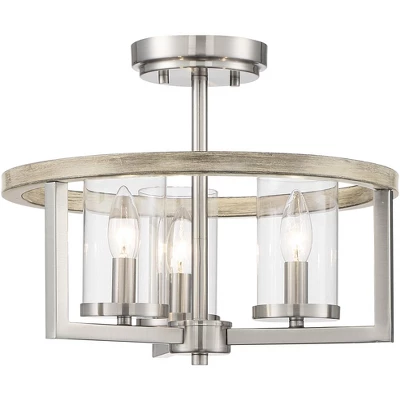 Possini Euro Design Senna Modern Industrial Ceiling Light Semi Flush Mount Fixture 15" Wide Brushed Nickel Gray Wood 3-Light Clear Glass For Bedroom 5 Possini Euro Design Senna Modern Industrial Ceiling Light Semi Flush Mount Fixture 15" Wide Brushed Nickel Gray Wood 3-Light Clear Glass For Bedroom - Image 5