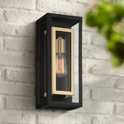 Possini Euro Design Double Box Industrial Outdoor Wall Light Fixture Matte Black Warm Brass 15 1/2" Clear Glass Post Exterior Barn Deck House Porch