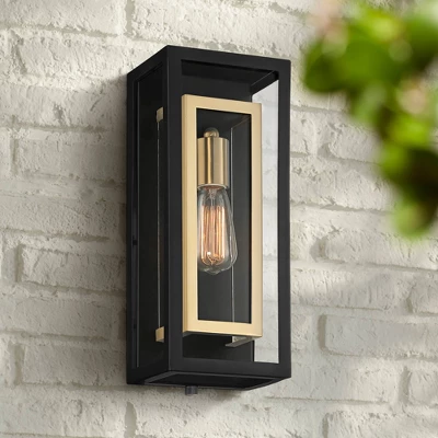 Possini Euro Design Double Box Industrial Outdoor Wall Light Fixture Matte Black Warm Brass 15 1/2" Clear Glass Post Exterior Barn Deck House Porch 1 Possini Euro Design Double Box Industrial Outdoor Wall Light Fixture Matte Black Warm Brass 15 1/2" Clear Glass Post Exterior Barn Deck House Porch