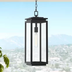 Possini Euro Design Atkins 21 1/2" High Modern Outdoor Pendant Light Fixture Ceiling Porch House Hanging Matte Black Die Cast Metal Clear Glass Shade