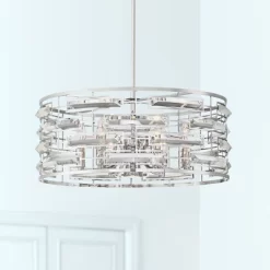 Possini Euro Design Smart Polished Nickel Chandelier 20" Wide Modern Drum Clear Crystal 6-Light Fixture For Dining Room House Foyer Kitchen Island