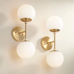 Possini Euro Design Oso Mid Century Wall Light Sconces Set Of 2 Soft Gold Hardwire 6" 2-Light Fixture Opal Glass For Bedroom Home