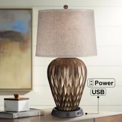 Possini Euro Design Buckhead Modern Table Lamp 28" Tall Bronze With Dimmable USB Workstation Base Drum Shade For Bedroom Living Room Kids Desk Home