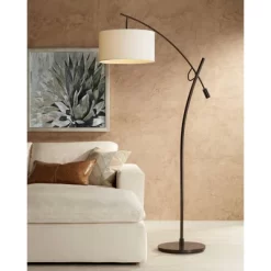 Possini Euro Design Raymond Modern Arc Floor Lamp 69" Tall Bronze Adjustable Boom Arm Off White Linen Drum Shade For Living Room Reading Bedroom Home