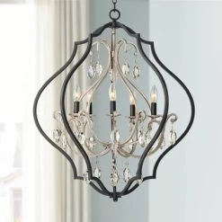 Possini Euro Design Clara Black Silver Pendant Chandelier 27" Wide Industrial Ornate Cage Amber Crystal 5-Light Fixture For Dining Room Kitchen Island