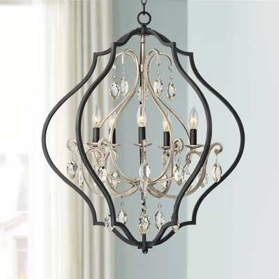Possini Euro Design Clara Black Silver Pendant Chandelier 27" Wide Industrial Ornate Cage Amber Crystal 5-Light Fixture For Dining Room Kitchen Island 1 Possini Euro Design Clara Black Silver Pendant Chandelier 27" Wide Industrial Ornate Cage Amber Crystal 5-Light Fixture For Dining Room Kitchen Island