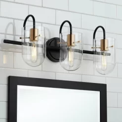 Possini Euro Design Solomon Modern Wall Light Black Hardwire 24" 3-Light Fixture Warm Brass Accents Clear Glass Shade For Bathroom