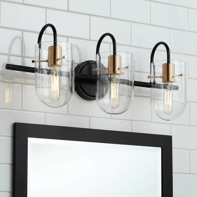Possini Euro Design Solomon Modern Wall Light Black Hardwire 24" 3-Light Fixture Warm Brass Accents Clear Glass Shade For Bathroom 1 Possini Euro Design Solomon Modern Wall Light Black Hardwire 24" 3-Light Fixture Warm Brass Accents Clear Glass Shade For Bathroom