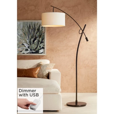 Possini Euro Design Modern Arc Floor Lamp With USB Charging Port 69" Tall Bronze Off-White Drum Shade Adjustable Arm Living Room 1 Possini Euro Design Modern Arc Floor Lamp With USB Charging Port 69" Tall Bronze Off-White Drum Shade Adjustable Arm Living Room