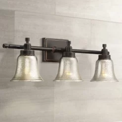 Possini Euro Design Varra Rustic Industrial Wall Light Bronze Hardwire 26 1/2" 3-Light Fixture Bell Mercury Glass Shade For Bedroom Bathroom Vanity