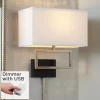 Possini Euro Design Modern Wall Lamp With USB Port Brushed Nickel Plug-In 12" Light Fixture Rectangular Fabric Shade For Bedroom House