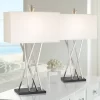 Possini Euro Design Modern Table Lamps 30" Tall Set Of 2 Brushed Steel Black White Linen Rectangular Shade For Living Room Family Bedroom