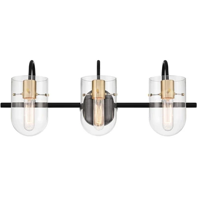 Possini Euro Design Solomon Modern Wall Light Black Hardwire 24" 3-Light Fixture Warm Brass Accents Clear Glass Shade For Bathroom 4 Possini Euro Design Solomon Modern Wall Light Black Hardwire 24" 3-Light Fixture Warm Brass Accents Clear Glass Shade For Bathroom - Image 4