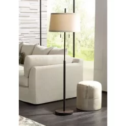Possini Euro Design Nayla Modern Floor Lamp 62 1/2" Tall Bronze Metal Off White Fabric Tapered Drum Shade For Living Room Bedroom Office House Home