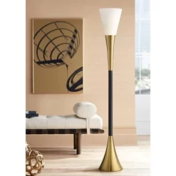 Possini Euro Design Modern Glam Style Torchiere Floor Lamp 72.5" Tall Black Antique Brass Metal White Glass Shade Living Room Reading Uplight