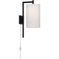 Possini Euro Design Bixby Modern Wall Lamps Set Of 2 Black Metal Plug-in 8" Light Fixture White Fabric Drum Shade For Bedroom Reading Living Room Home -Possini Euro Design Sales GUEST 217cb525 3eda 4d32 960c f7d41ca61e4d