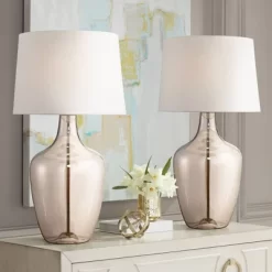 Possini Euro Design Ania 31" Tall Jar Large Modern Glam End Table Lamps Set Of 2 Clear Champagne Glass Living Room Bedroom Bedside Off-White Shade