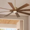 Possini Euro Design 60" Defender Modern Indoor Outdoor Ceiling Fan 8 Blade LED Light Remote Control Soft Brass Motor Koa Finish Blades Bedroom Patio