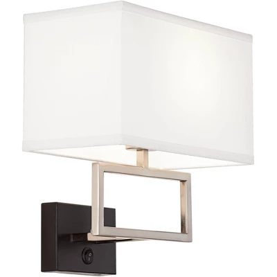 Possini Euro Design Trixie Modern Wall Lamps Set Of 2 Brushed Nickel Plug-in 12" Light Fixture Rectangular Fabric Shade For Bedroom Living Room Home 5 Possini Euro Design Trixie Modern Wall Lamps Set Of 2 Brushed Nickel Plug-in 12" Light Fixture Rectangular Fabric Shade For Bedroom Living Room Home - Image 5