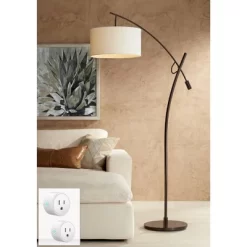 Possini Euro Design Raymond Modern 69" Tall Arc Floor Lamp With Smart Socket Bronze Adjustable Off-White Shade For Living Room Reading