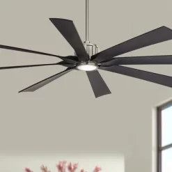 Possini Euro Design 70" Defender Modern Indoor Outdoor Ceiling Fan 8 Blade LED Light Remote Control Nickel Finish Black Blades Bedroom Damp Rated
