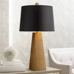 Possini Euro Design Obelisk Modern Table Lamp 26" High Gold Leaf Tapered Column Black Paper Drum Shade For Bedroom Living Room Bedside Nightstand Home