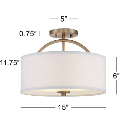 Possini Euro Design Halsted Modern Ceiling Light Semi Flush Mount Fixture 15" Wide Warm Brass 2-Light Oatmeal Linen Drum For Bedroom Living Room House 5 Possini Euro Design Halsted Modern Ceiling Light Semi Flush Mount Fixture 15" Wide Warm Brass 2-Light Oatmeal Linen Drum For Bedroom Living Room House - Image 5
