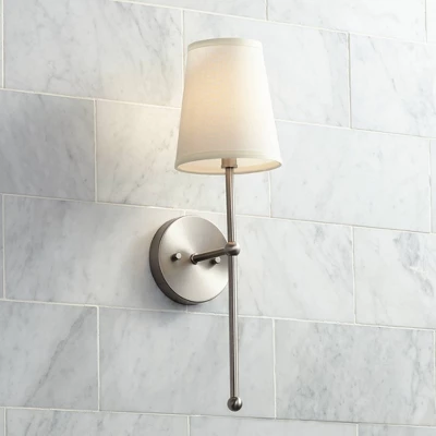 Possini Euro Design Elena Modern Wall Light Sconce Brushed Nickel Hardwire 6" High Fixture Cream Linen Shade For Bedroom Reading Living Room Hallway 1 Possini Euro Design Elena Modern Wall Light Sconce Brushed Nickel Hardwire 6" High Fixture Cream Linen Shade For Bedroom Reading Living Room Hallway