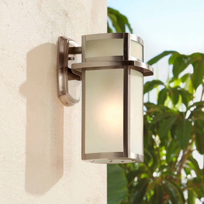 Possini Euro Design Delevan Modern Outdoor Wall Lights Fixture Set Of 2 Brushed Nickel 11 1/4" Frosted Seedy Glass For Post Exterior Barn Deck House 5 Possini Euro Design Delevan Modern Outdoor Wall Lights Fixture Set Of 2 Brushed Nickel 11 1/4" Frosted Seedy Glass For Post Exterior Barn Deck House - Image 5
