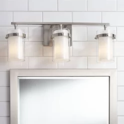 Possini Euro Design Kazran Modern Wall Light Brushed Nickel Hardwire 21 1/4" 3-Light Fixture Frosted White Glass For Mirror Vanity