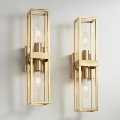 Possini Euro Design Fabian Modern Wall Light Sconces Set Of 2 Warm Brass Hardwired 4" 2-Light Fixture Open Rectangular Frame For Bedroom