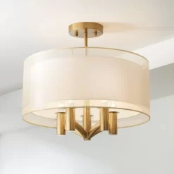 Possini Euro Design Caliari Modern Ceiling Light Semi Flush Mount Fixture 18" Wide Warm Brass Double Drum Shade For Bedroom Kitchen Hallway Bathroom