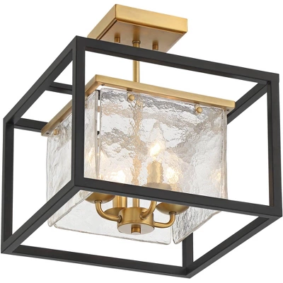 Possini Euro Design Liston Modern Ceiling Light Semi Flush Mount Fixture 14" Wide Black Brass 4-Light Ice Glass Panels For Bedroom Kitchen Living Room 3 Possini Euro Design Liston Modern Ceiling Light Semi Flush Mount Fixture 14" Wide Black Brass 4-Light Ice Glass Panels For Bedroom Kitchen Living Room - Image 3