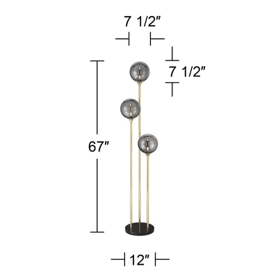 Possini Euro Design Arielle Mid Century Modern 67" Tall Standing Floor Lamp Tree 3-Light LED Foot Switch Gold Metal Brass Bubble Glass Gray Shade 3 Possini Euro Design Arielle Mid Century Modern 67" Tall Standing Floor Lamp Tree 3-Light LED Foot Switch Gold Metal Brass Bubble Glass Gray Shade - Image 3