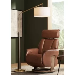 Possini Euro Design Mid Century Modern Arc Floor Lamp 72 1/2" Tall Espresso Warm Gold Metal White Linen Drum Shade For Living Room