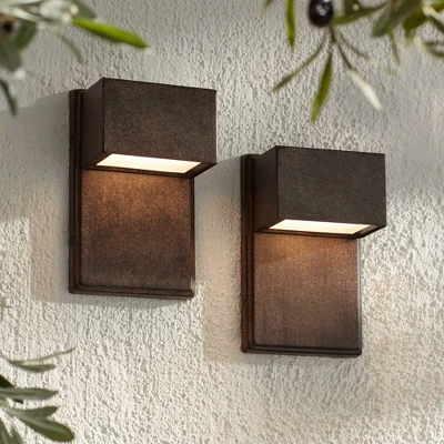 Possini Euro Design Lyons Modern Industrial Outdoor Wall Light Fixtures Set Of 2 Bronze Black Box Frame LED 8" For Post Exterior Barn 1 Possini Euro Design Lyons Modern Industrial Outdoor Wall Light Fixtures Set Of 2 Bronze Black Box Frame LED 8" For Post Exterior Barn