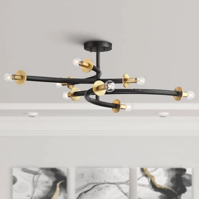 Possini Euro Design Alturus Modern Ceiling Light Semi Flush Mount Fixture 34" Wide Gloss Black Warm Brass 8-Light For Bedroom Living Room Hallway Home 1 Possini Euro Design Alturus Modern Ceiling Light Semi Flush Mount Fixture 34" Wide Gloss Black Warm Brass 8-Light For Bedroom Living Room Hallway Home