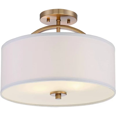 Possini Euro Design Halsted Modern Ceiling Light Semi Flush Mount Fixture 15" Wide Warm Brass 2-Light Oatmeal Linen Drum For Bedroom Living Room House 3 Possini Euro Design Halsted Modern Ceiling Light Semi Flush Mount Fixture 15" Wide Warm Brass 2-Light Oatmeal Linen Drum For Bedroom Living Room House - Image 3