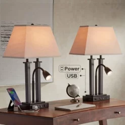 Possini Euro Design Possini Euro Deacon Bronze Gooseneck Lamps With USB And Outlet Set Of 2