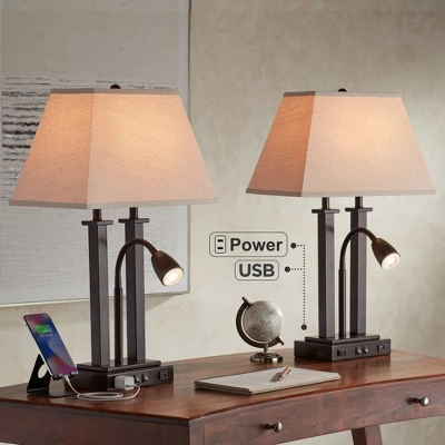 Possini Euro Design Possini Euro Deacon Bronze Gooseneck Lamps With USB And Outlet Set Of 2 1 Possini Euro Design Possini Euro Deacon Bronze Gooseneck Lamps With USB And Outlet Set Of 2