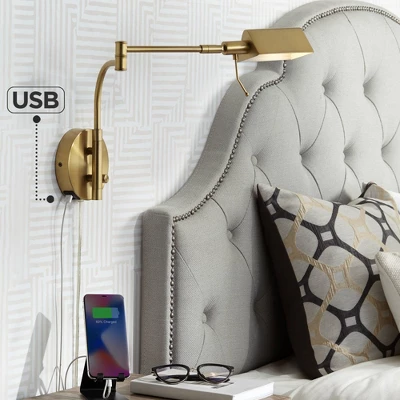 Possini Euro Design Keegan Modern Swing Arm Wall Lamp With Dual USB Ports Warm Gold Plug-In Light Fixture Adjustable For Bedroom 1 Possini Euro Design Keegan Modern Swing Arm Wall Lamp With Dual USB Ports Warm Gold Plug-In Light Fixture Adjustable For Bedroom