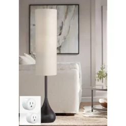 Possini Euro Design Moderne Mid Century Modern 62" Tall Droplet Floor Lamp With Smart Socket Bronze Beige Cylinder Shade For Living Room